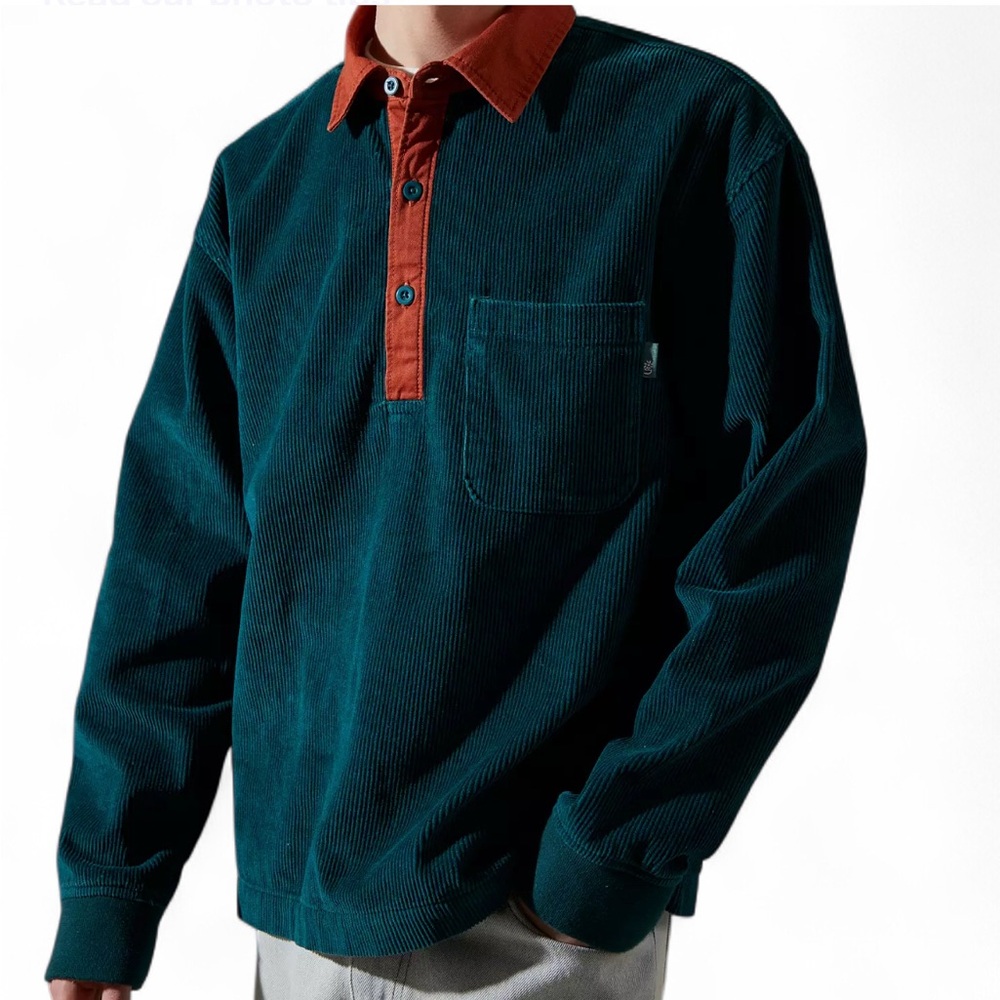 URBAN OUTFITTERS Green Corduroy Shirt SP Orange Collar Buttons&Pocket Long Slevs